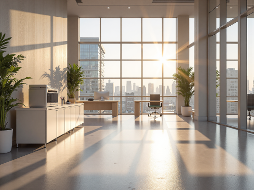 现代办公环境，整洁明亮的办公室内部，白色桌椅，绿色植物装饰，自然光线充足