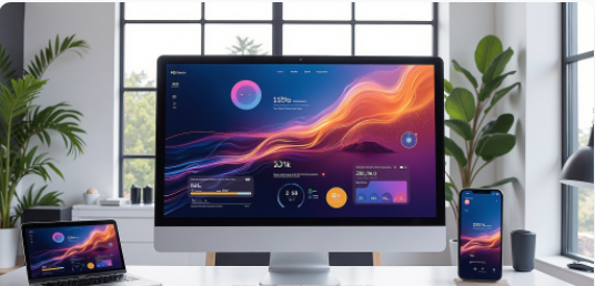 现代简约风格的数字设计作品展示，包含几何图形和渐变色彩，蓝色和紫色调，抽象艺术风格